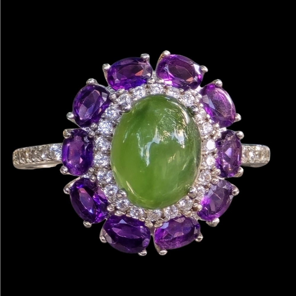 925 Sterling Silver Ring Sz 8 with Natural Jade 8x10mm & Amethyst Gems